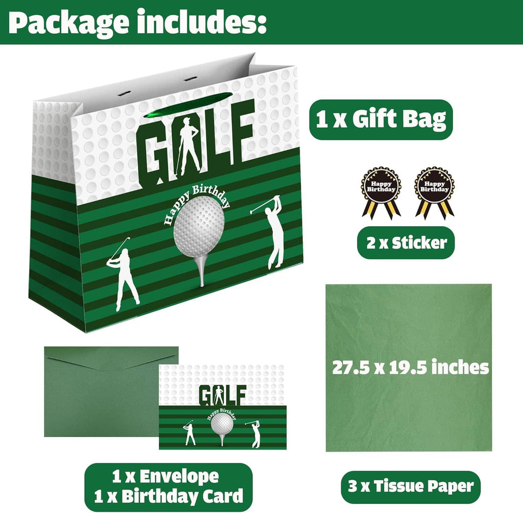 Golf birthday gift bag set with envelope, birthday card, stickers, and tissue papers