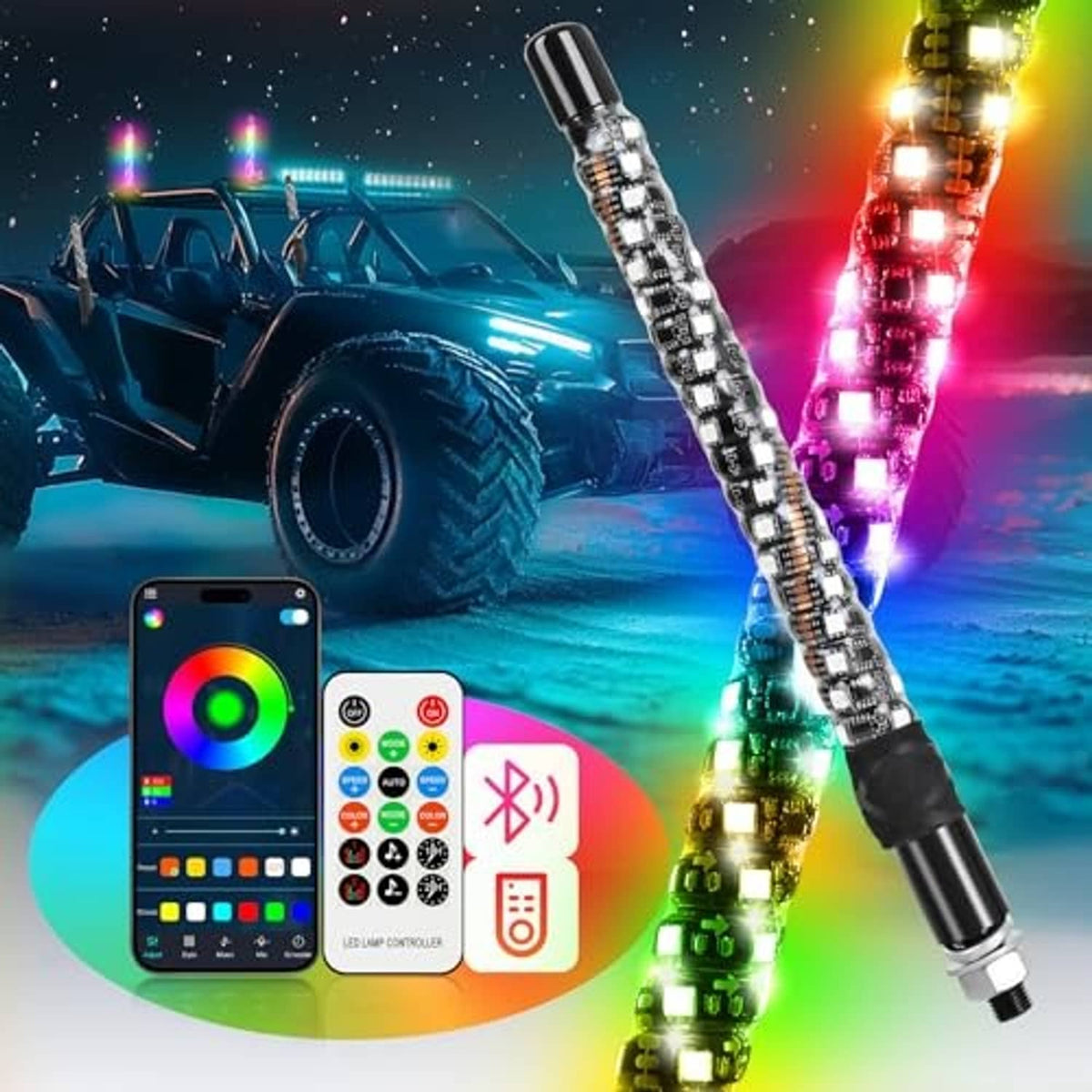 Two spiral LED whip lights with app remote controller, multicolor glow