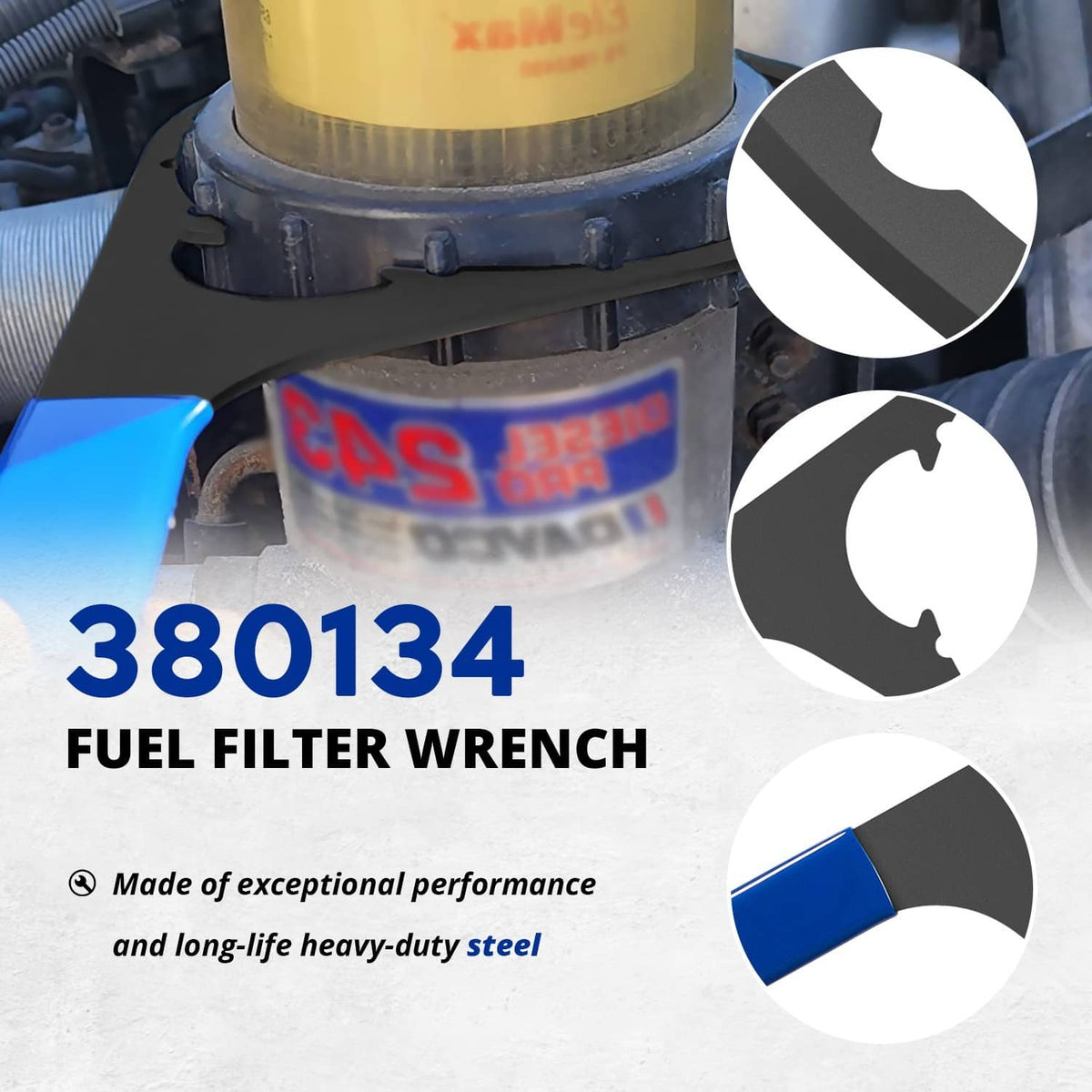 Fuel filter wrench with blue handle and circular head, tool shown from multiple angles.