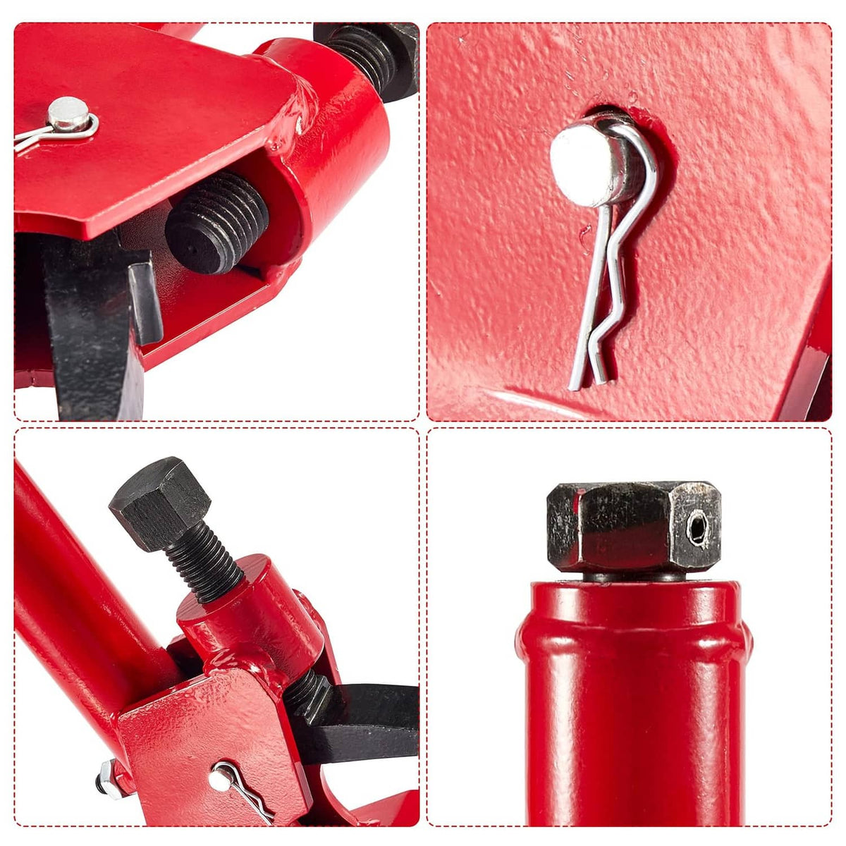 Close-up details of red tire bead breaker: screw, top nut, and pin attachment