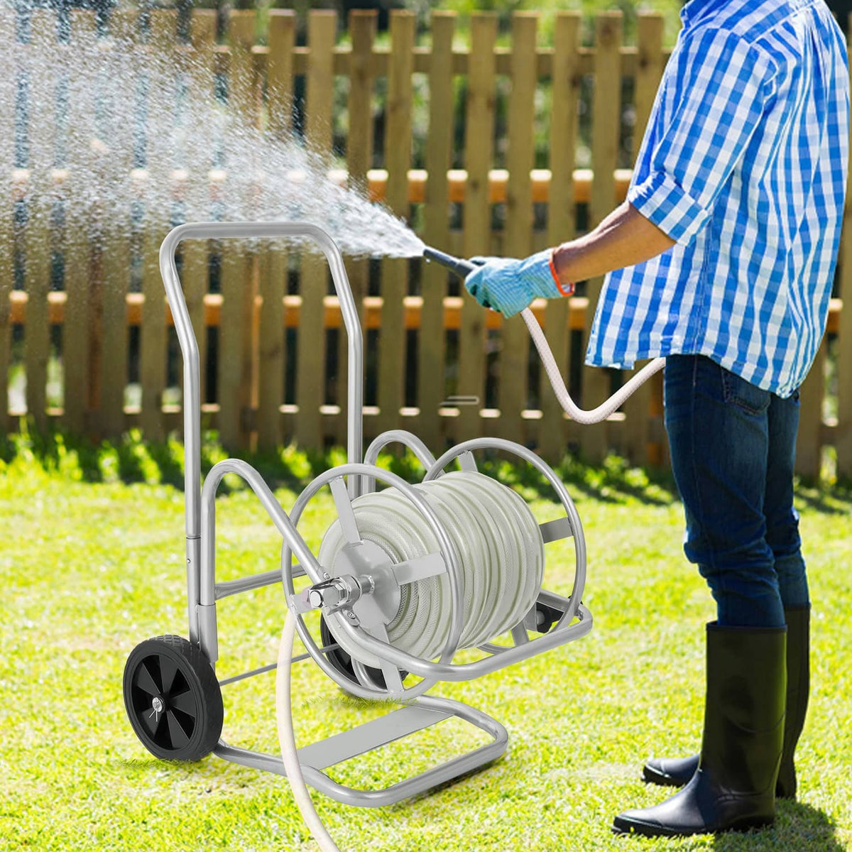 Wheeled garden hose reel cart with 200ft hose coiled on front drum