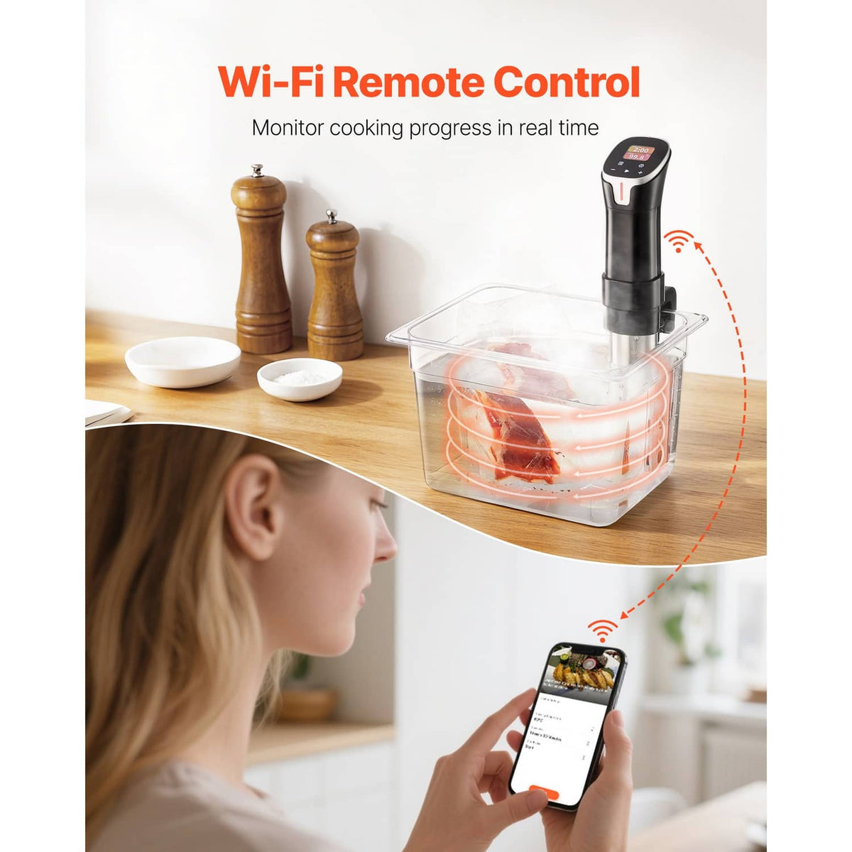 Uimoso sous vide precision cooker with WiFi remote control for monitoring on a phone