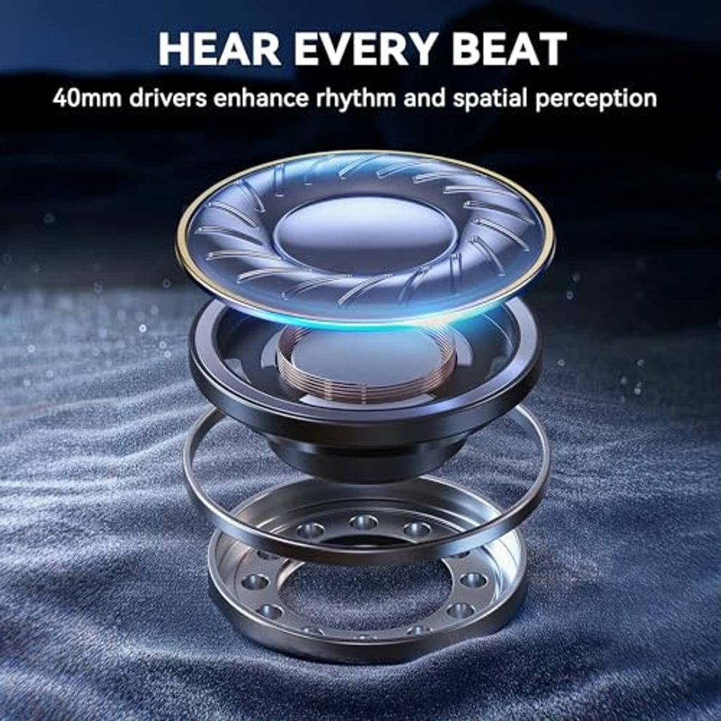 Black over-ear headphone driver unit with visible speaker components
