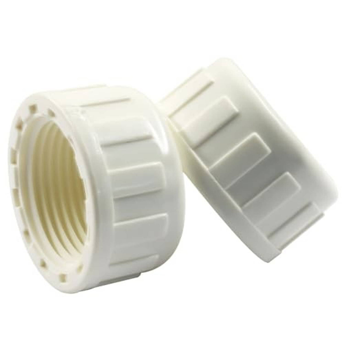 White PVC female-thread end caps shown from angled side views with threaded interior