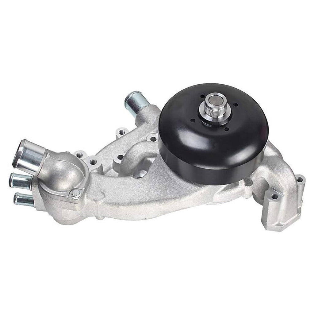 Water pump with thermostat, silver body with black cover and two side outlet ports