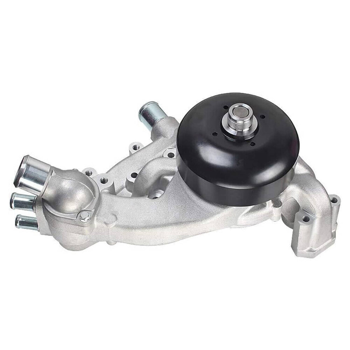Water pump with thermostat, silver body with black cover and two side outlet ports