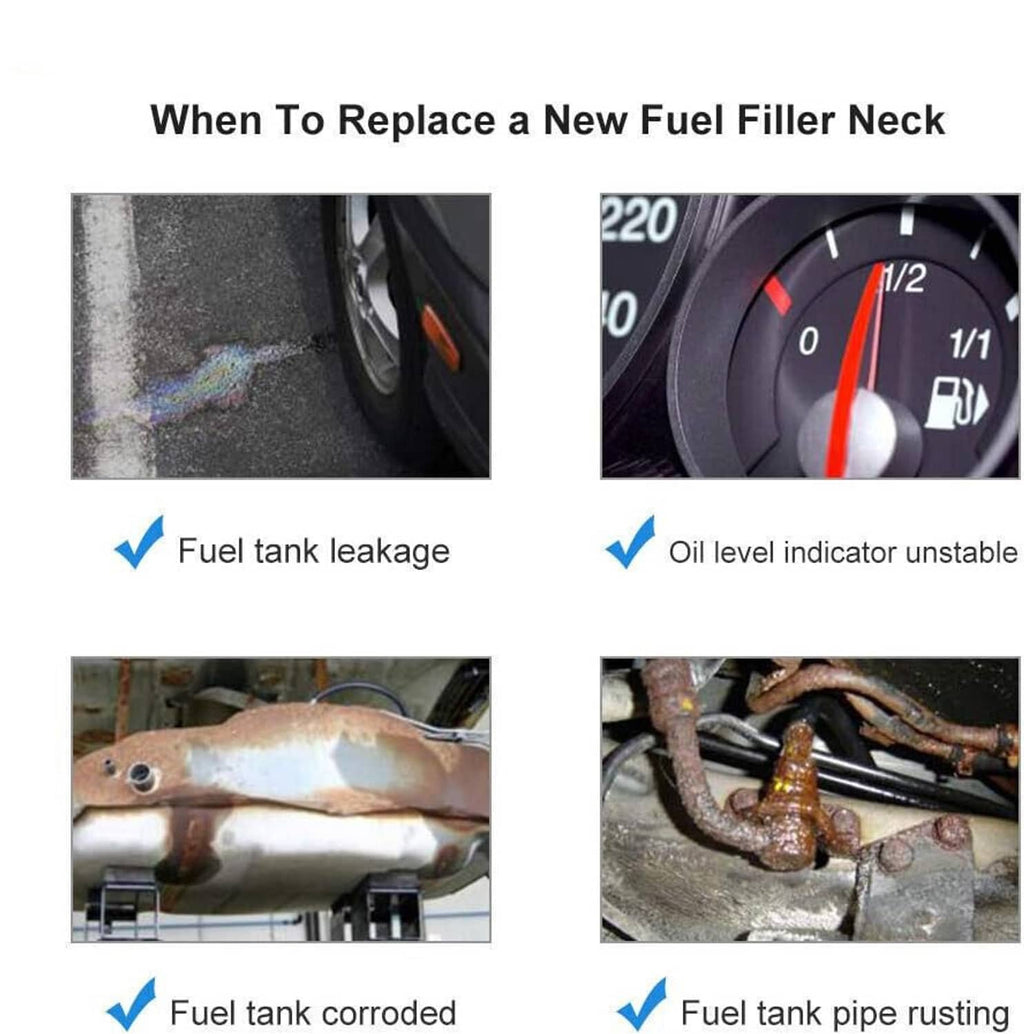 Fuel filler neck replacement reasons checklist with leak and corrosion icons