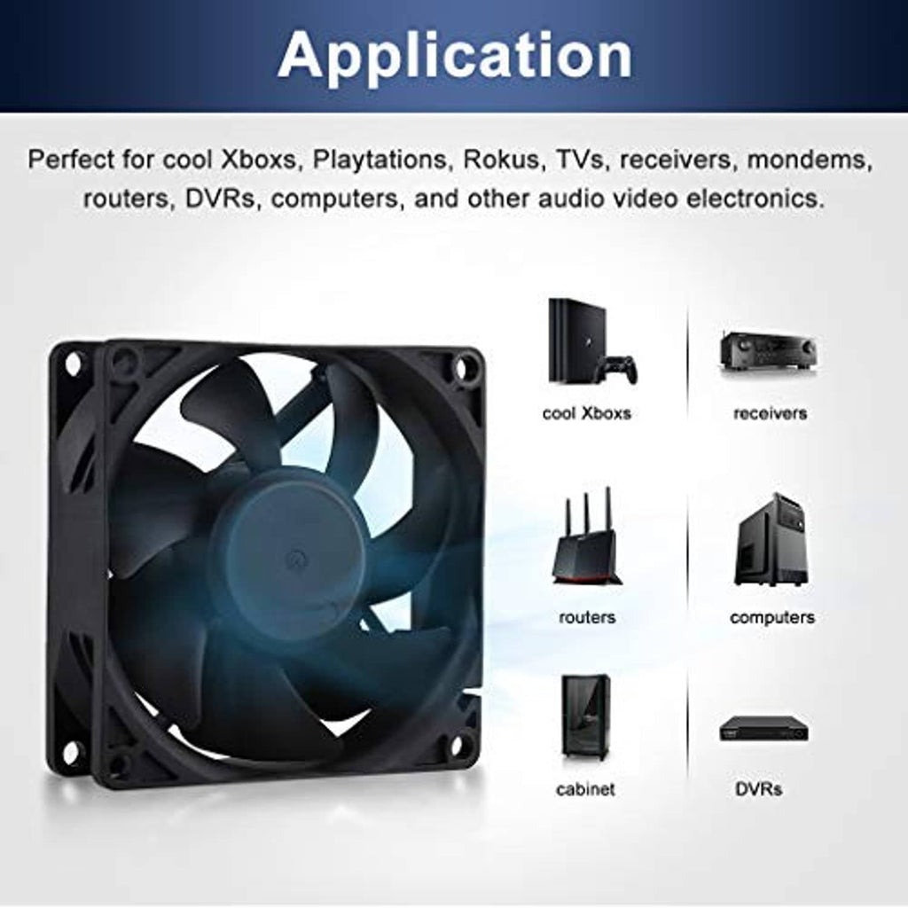 80mm axial fan for electronics cooling, shown in multiple device setups
