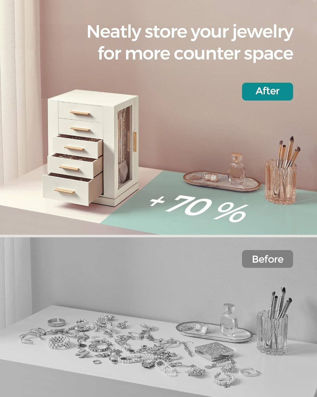 White jewelry storage cabinet with stacked drawers for neatly organizing jewelry