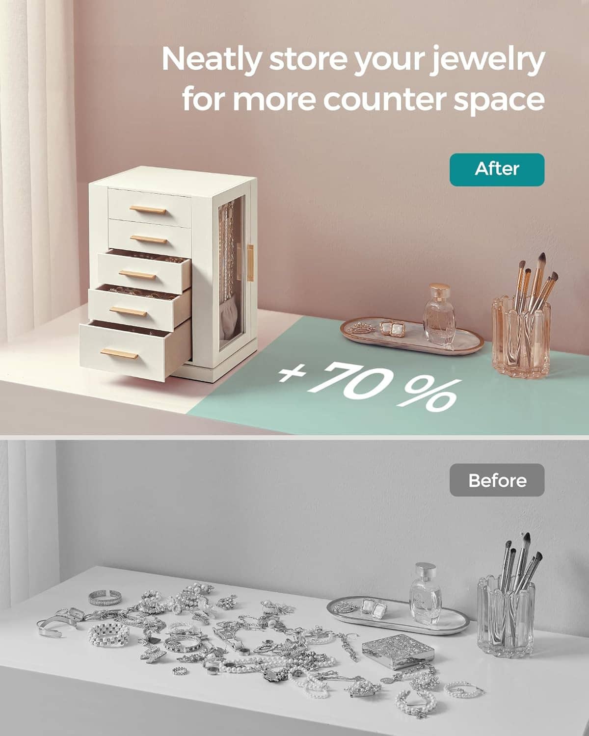 White jewelry storage cabinet with stacked drawers for neatly organizing jewelry