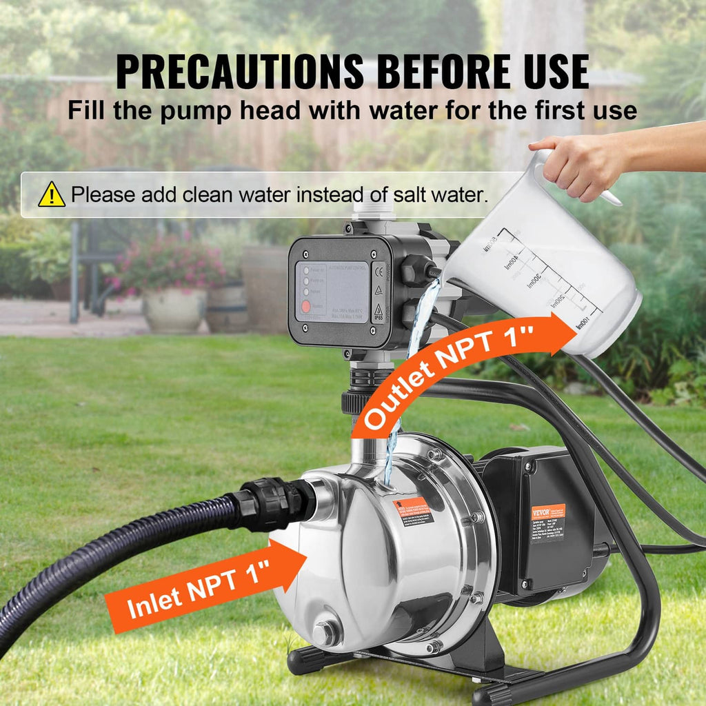 Shallow well jet pump with inlet NPT port and outlet NPT port labeled on hoses.
