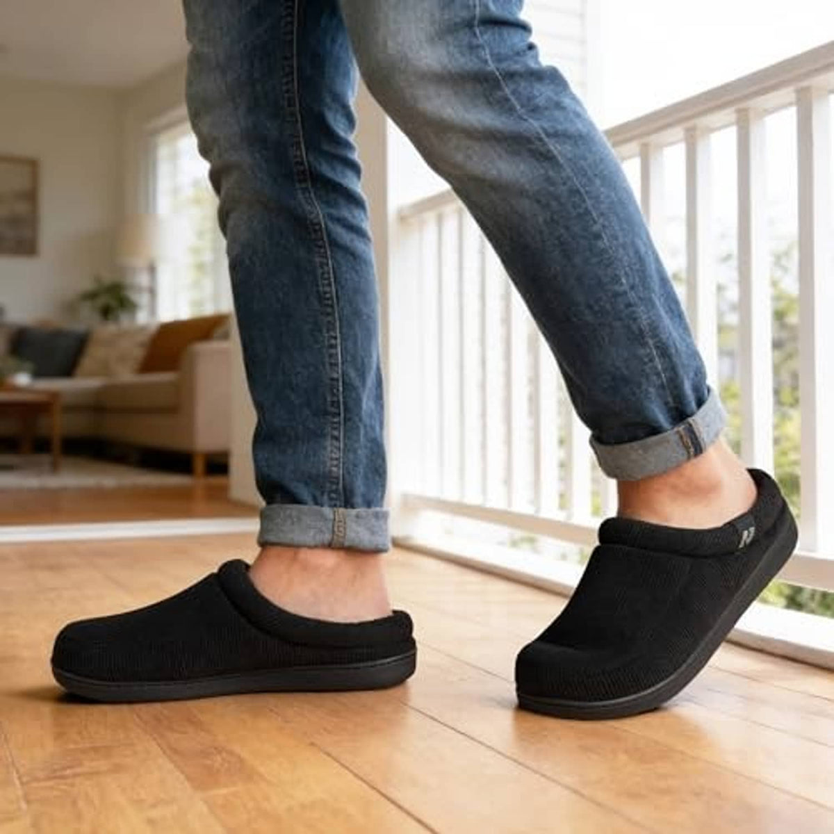 Black corduroy slip-on slippers worn with denim pants, showing rounded toe
