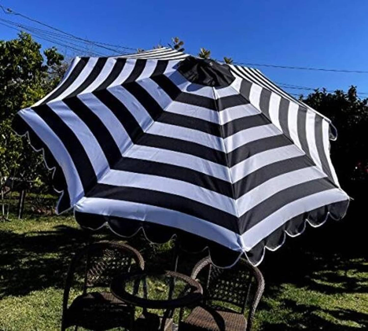 Black and white striped umbrella canopy with scalloped edge replacement cover