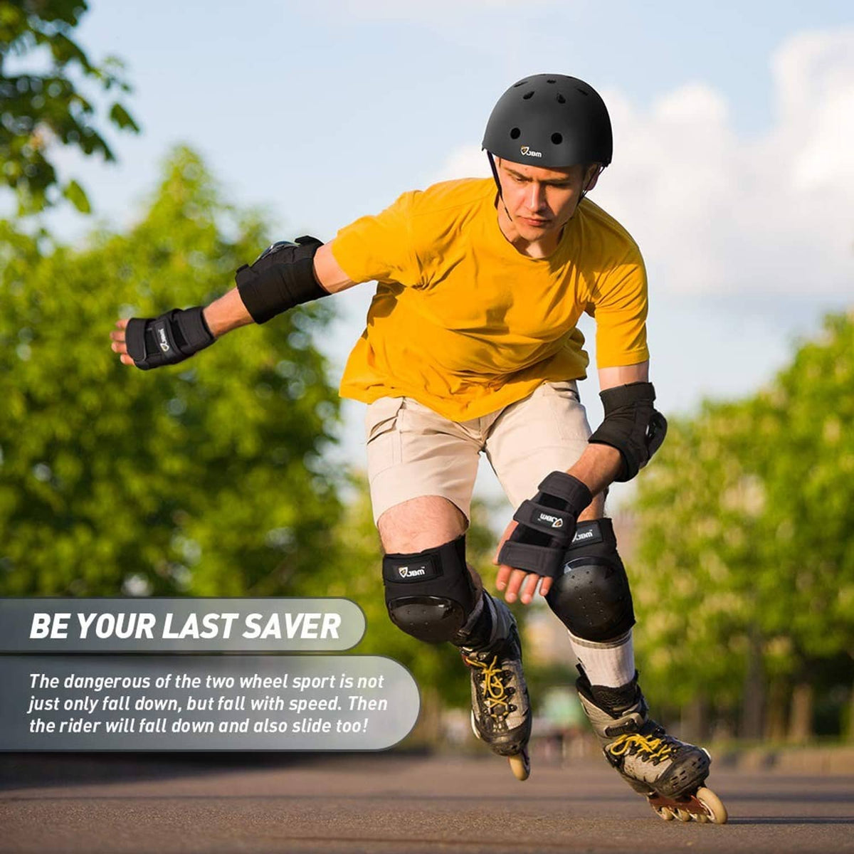 Black protective knee and elbow pads with hard shells while skating