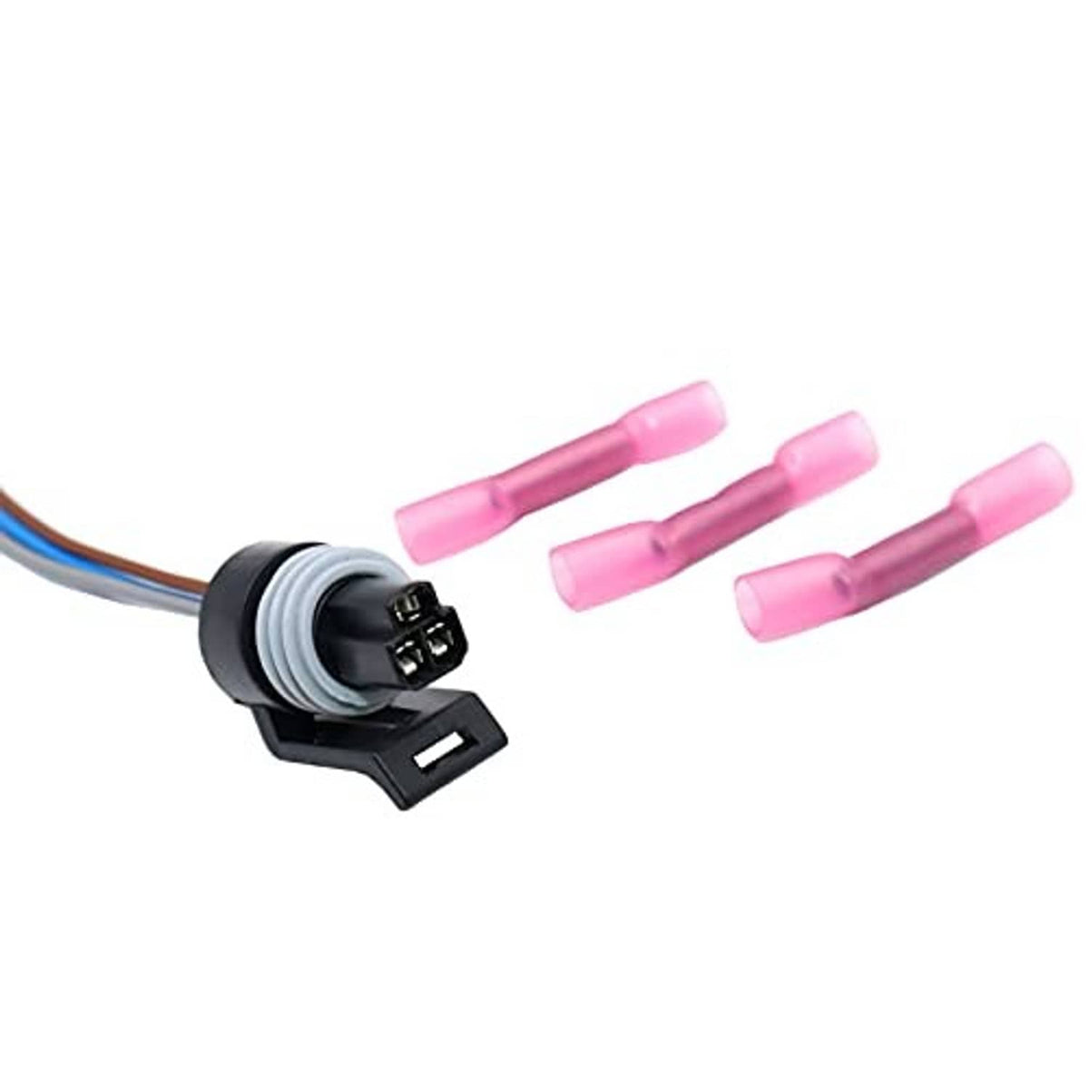 Sensor connector plug with three pink crimp terminals on a short wire harness