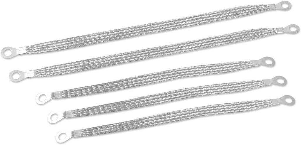 Five braided copper ground straps with ring terminals, side view