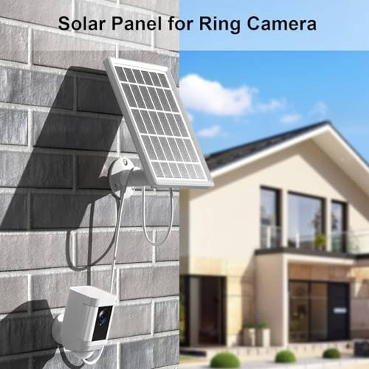 Solar panel charger mounted on brick wall with connected power cable and bracket
