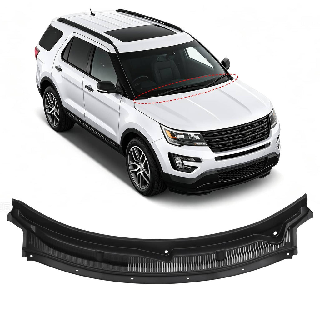 Black windshield wiper cowl grille panel with curved shape and mounting holes