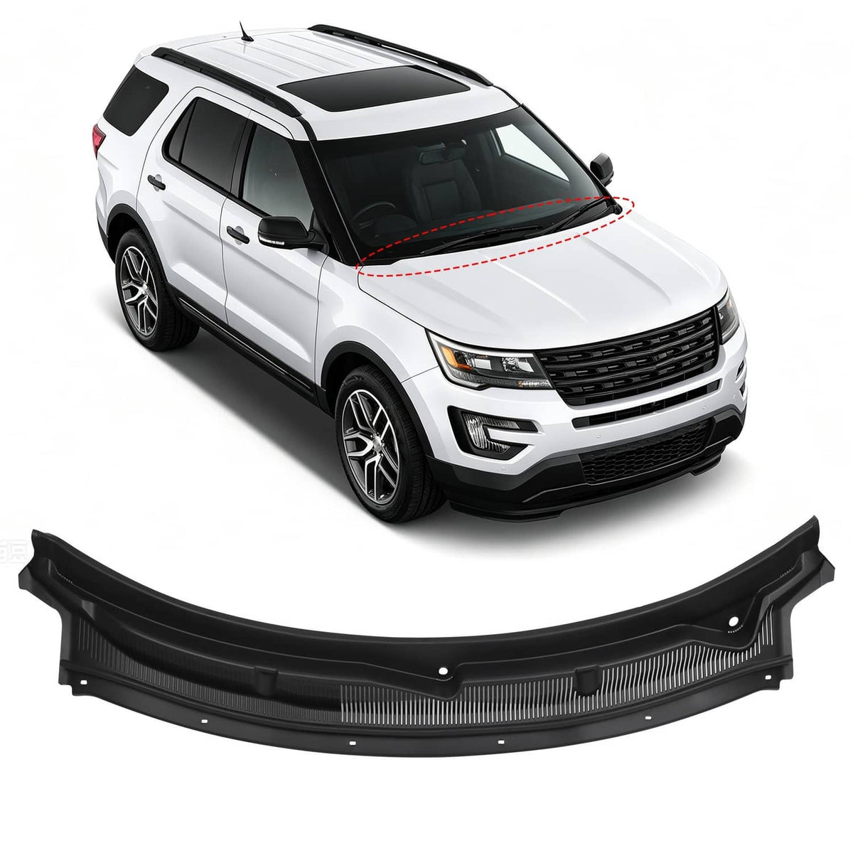 Black windshield wiper cowl grille panel with curved shape and mounting holes