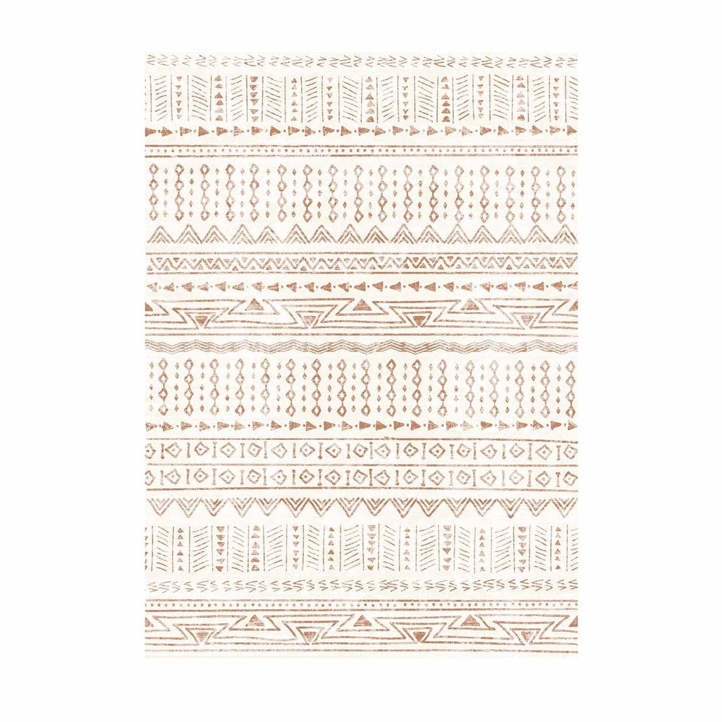 Beige rug flat lay with orange and brown geometric stripes and borders