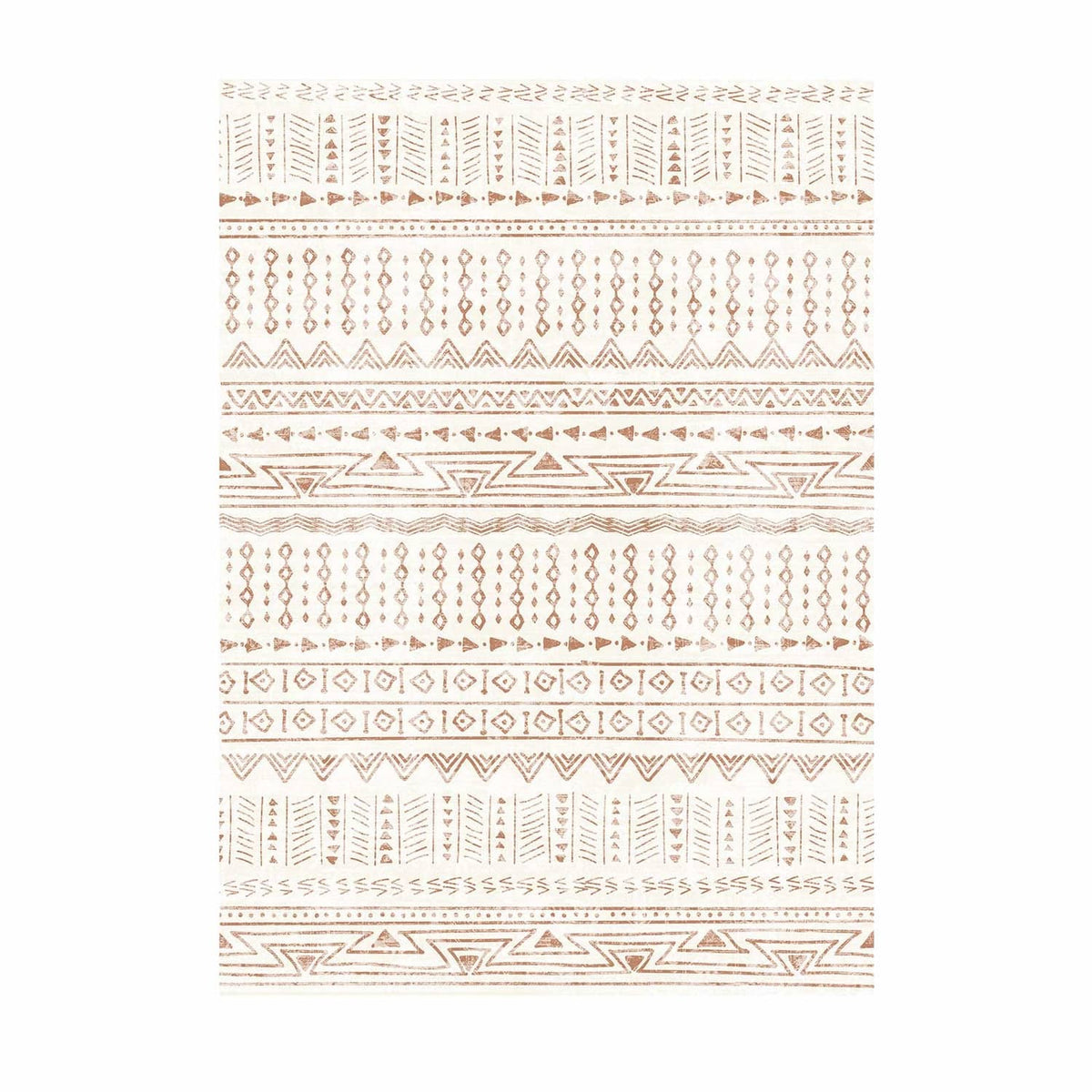 Beige rug flat lay with orange and brown geometric stripes and borders