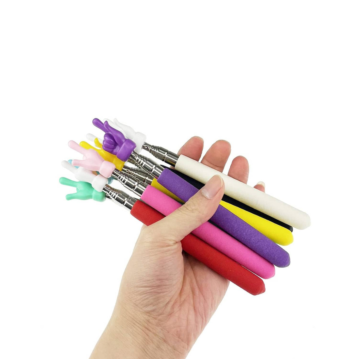 Set of colored telescopic finger pointers held together, finger-shaped tops