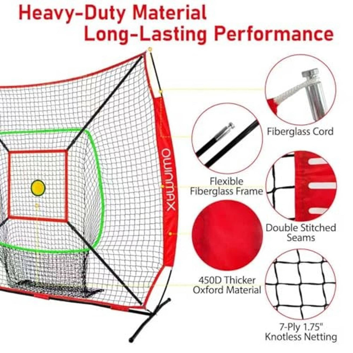Red and white baseball net with green trim, thick black slam-ball target pouch