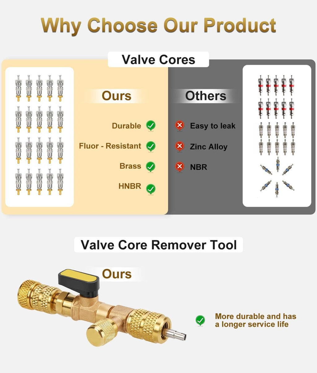 Brass valve core removal tool with black lever cap, shown with multiple accessories