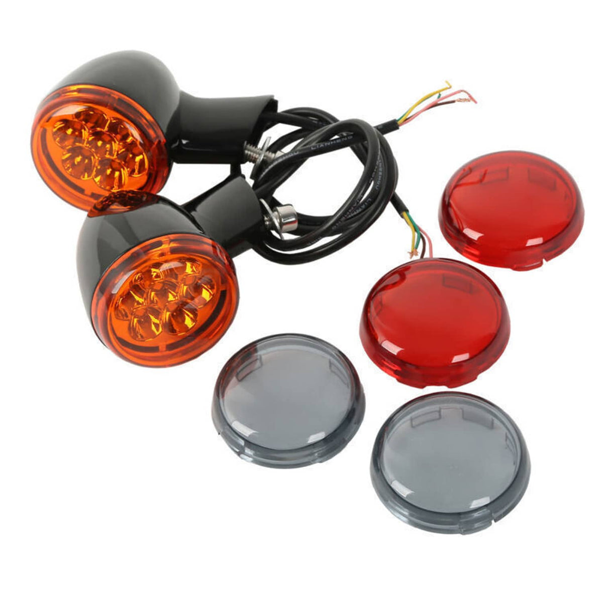 Rear LED turn signal light bracket set with two amber lenses, wiring, and red/clear covers