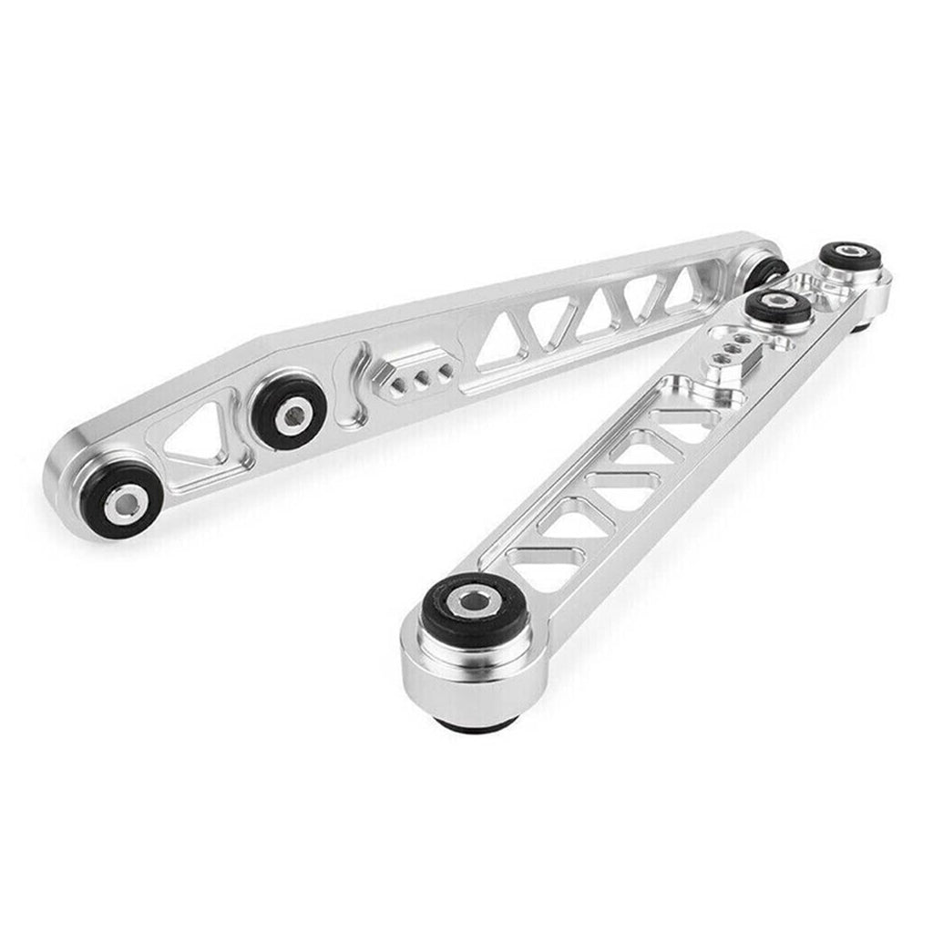 Silver rear control arm assembly with two bushing mounts and rod-end style joints