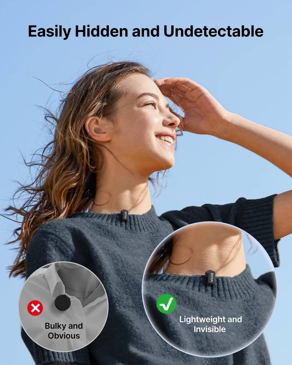 Black BOYA mini clip-on microphones with foam windscreens, worn on clothing
