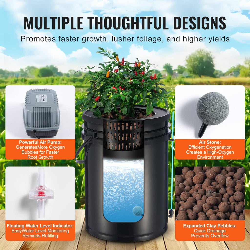 Black DWC hydroponic bucket with water reservoir and air stone aeration