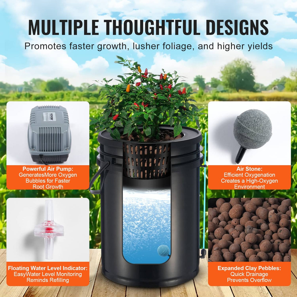Black DWC hydroponic bucket with water reservoir and air stone aeration