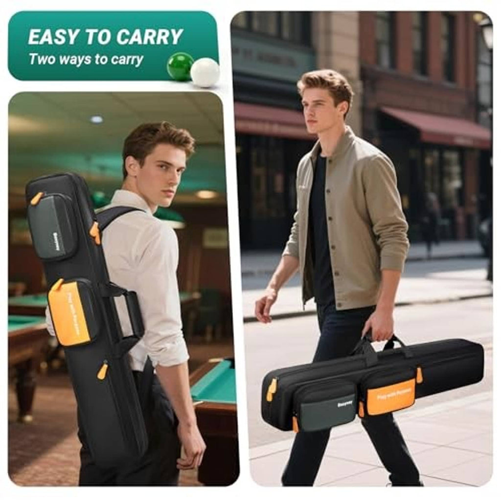 Black pool cue case with shoulder strap and carry handle, orange padded sections