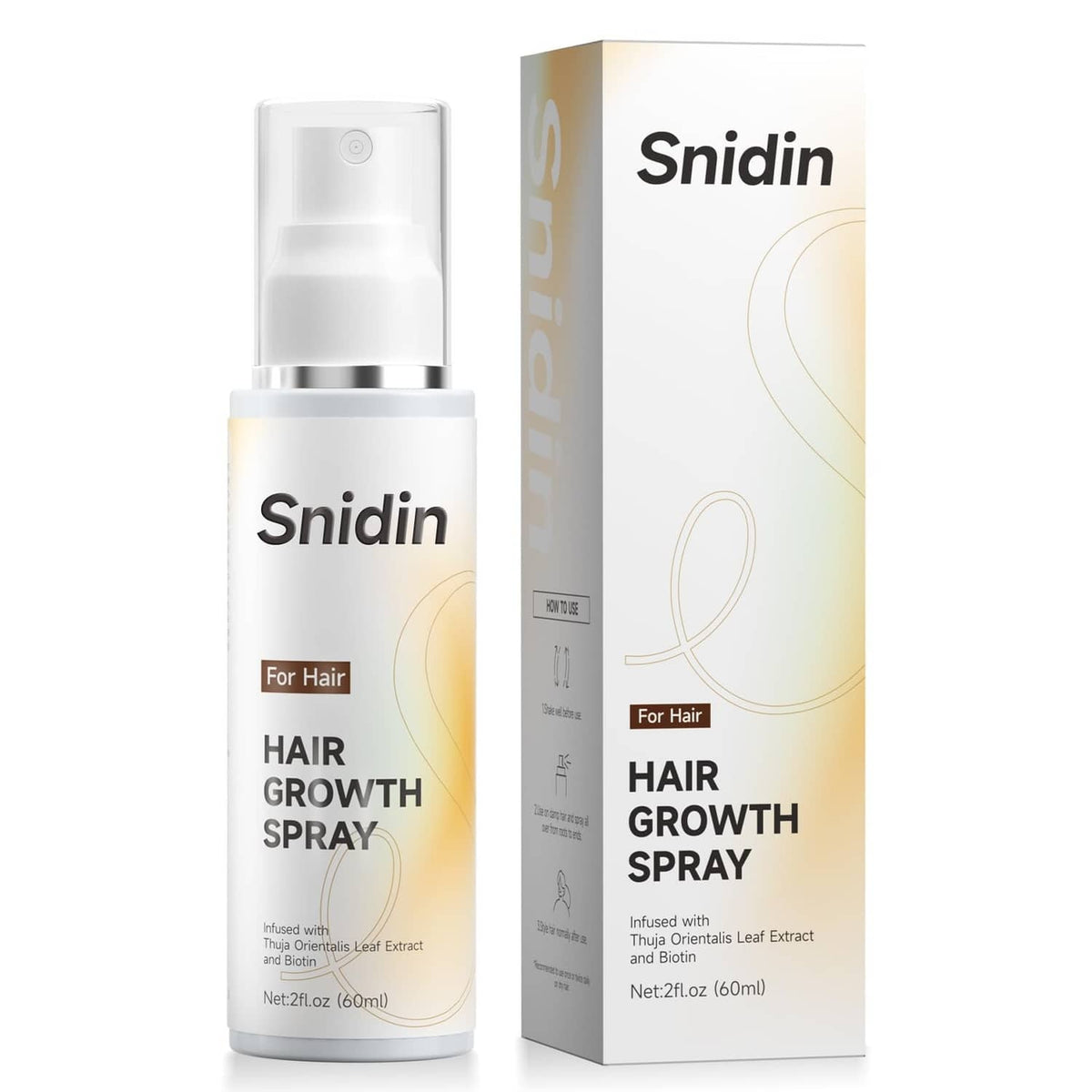 White hair growth spray bottle with silver pump, next to matching product box