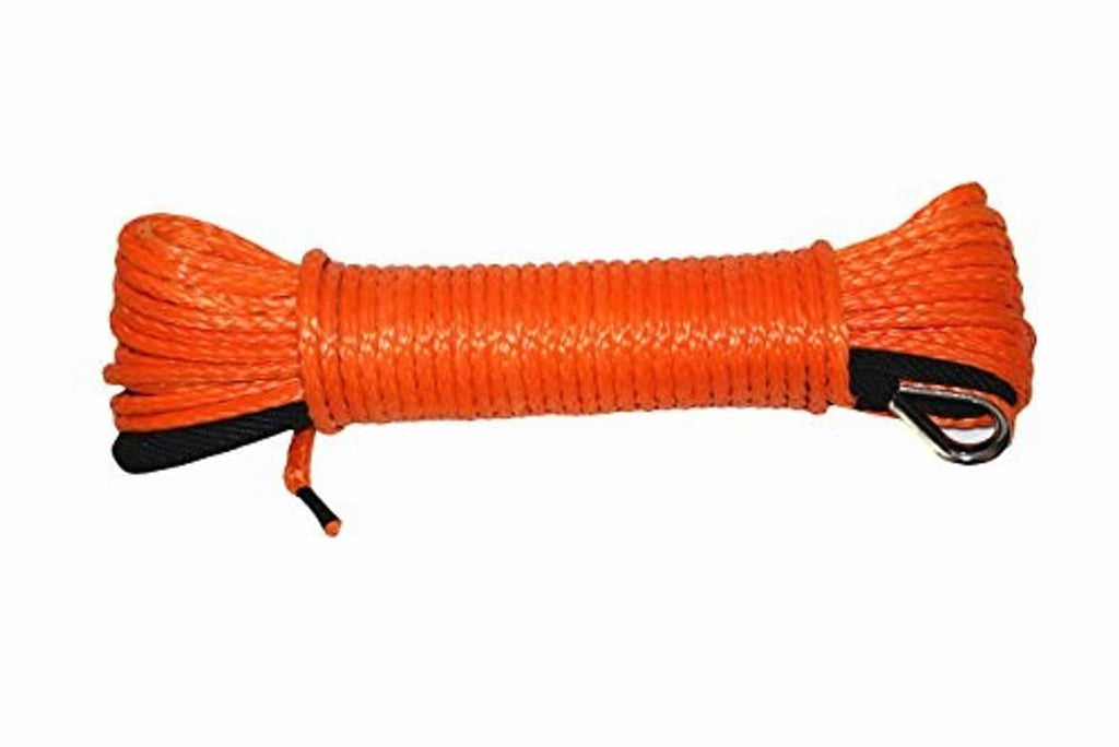 Orange synthetic ATV winch rope coil with black binding straps and D-ring hook