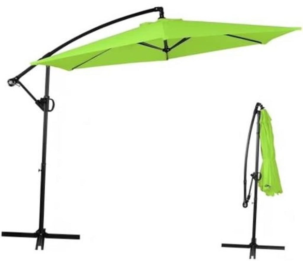Green cantilever patio umbrella with offset black pole and vented canopy