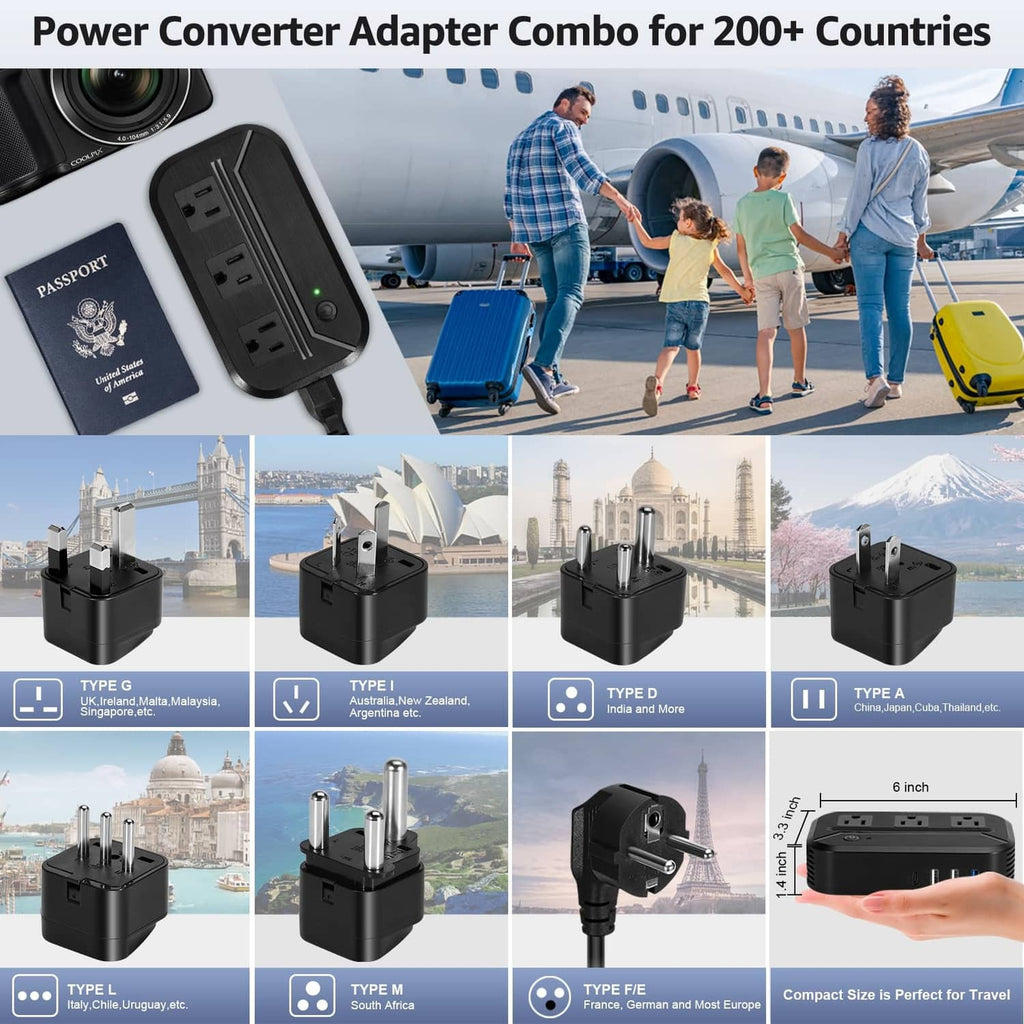 Compact voltage converter adapter with universal plug types for worldwide travel