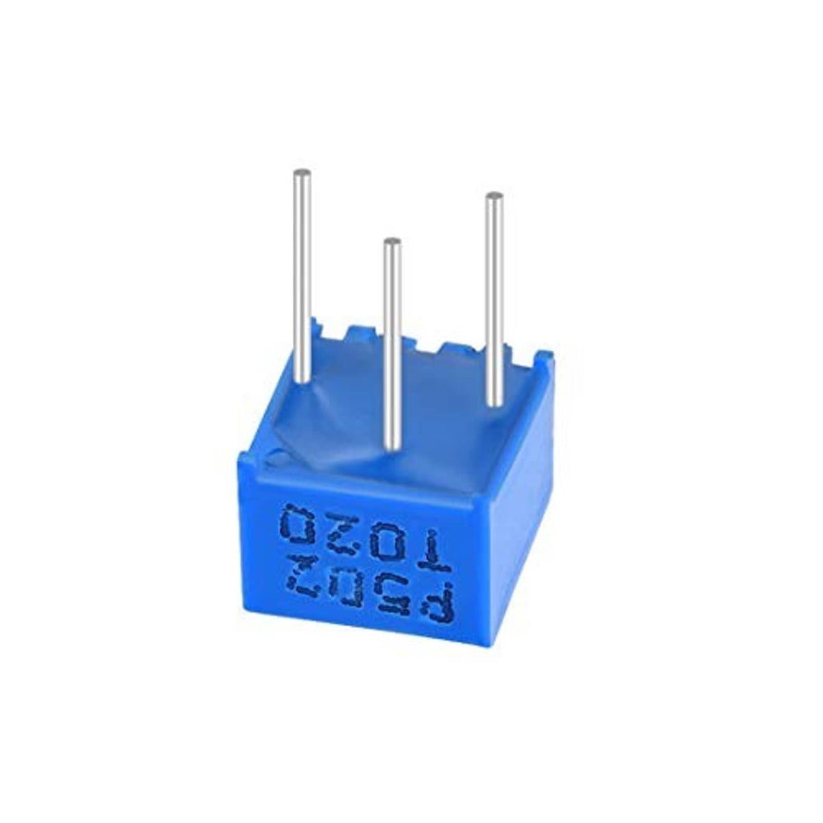 Blue 5K ohm trimmer potentiometer body with printed markings and three metal pins