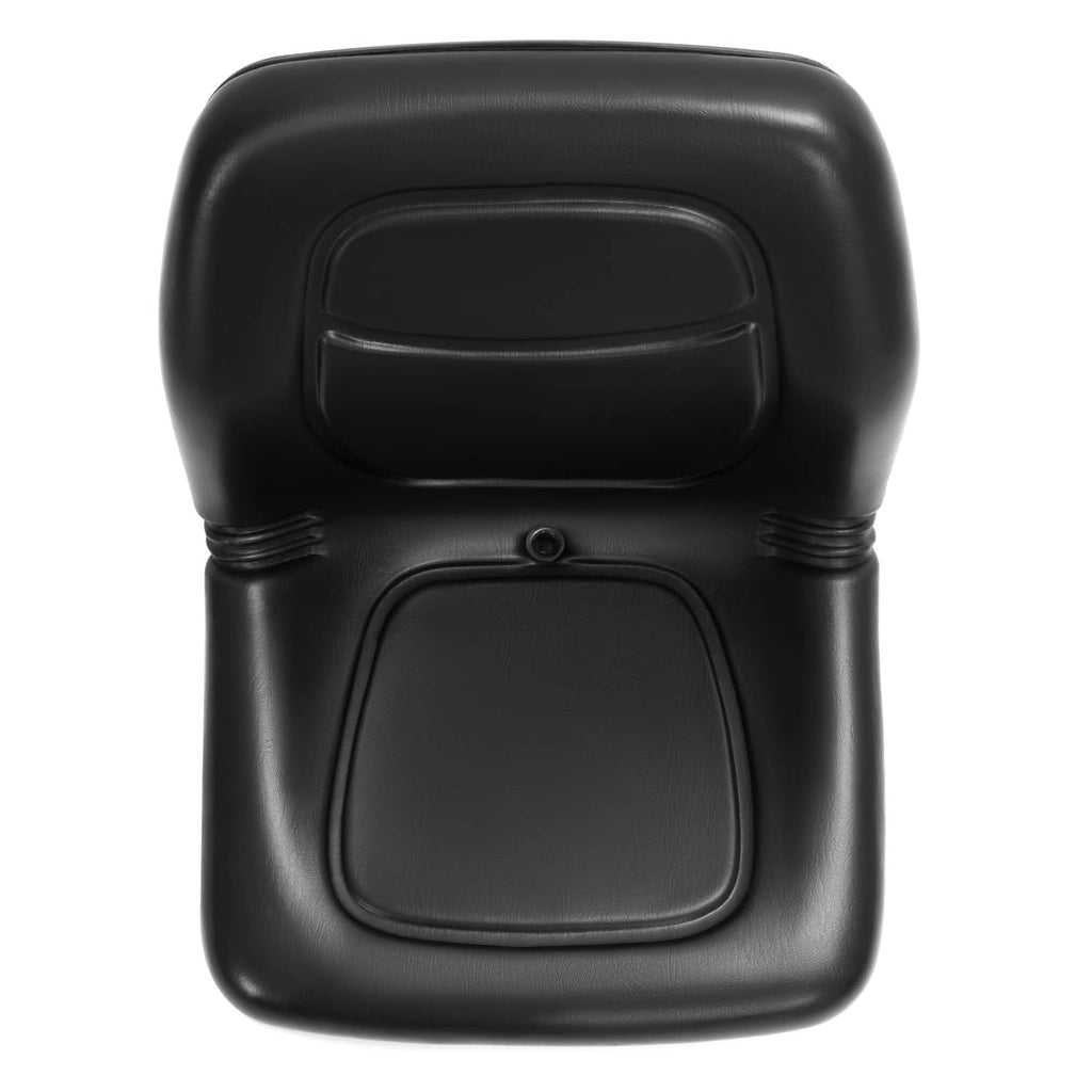 Black molded seat cushion front with rounded backrest and small center button