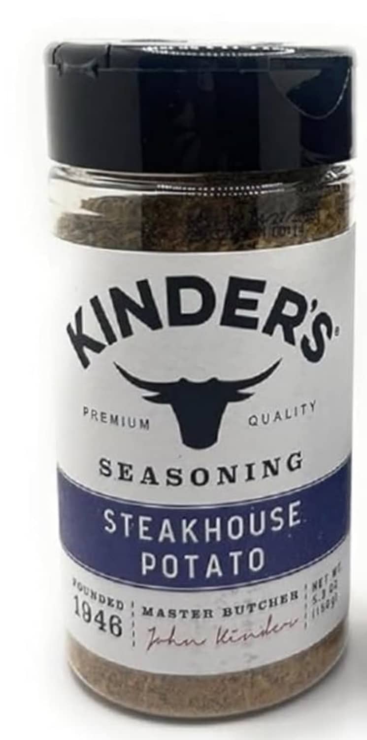 Kinder's Steakhouse Potato seasoning bottle with black and beige label