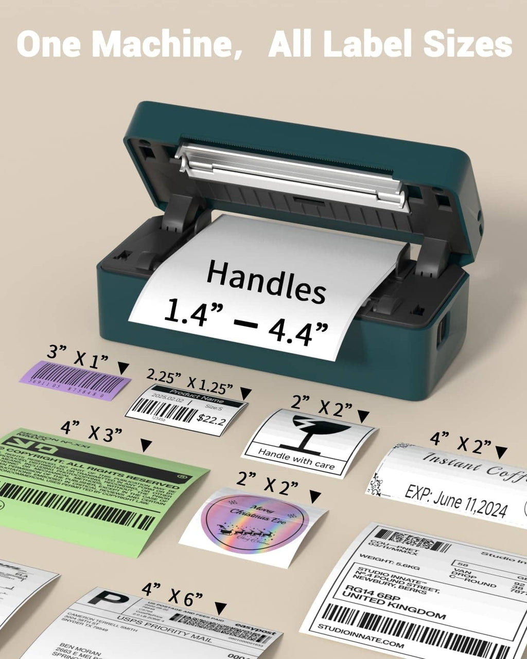 Green thermal label printer with open tray showing multiple label sizes