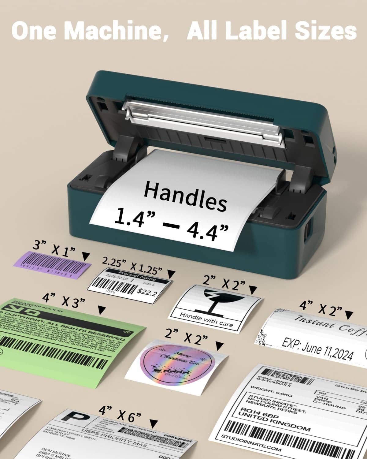 Green thermal label printer with open tray showing multiple label sizes