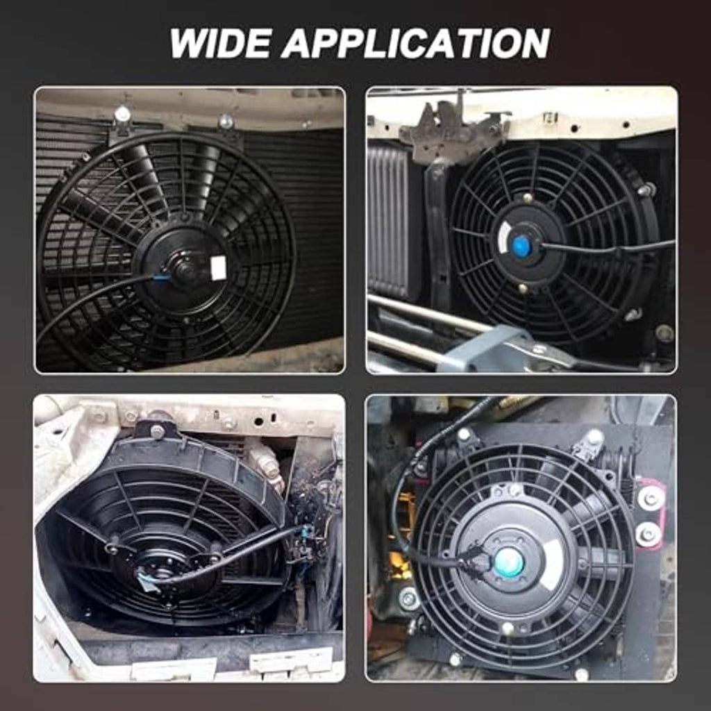Radiator cooling fan installed in a vehicle bay with grille and wiring harness