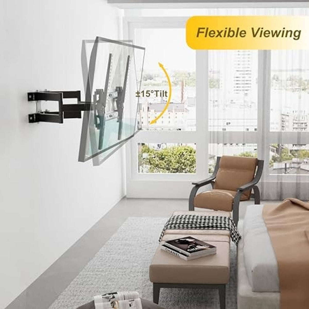 Black full-motion TV wall mount extended on wall with swivel arm