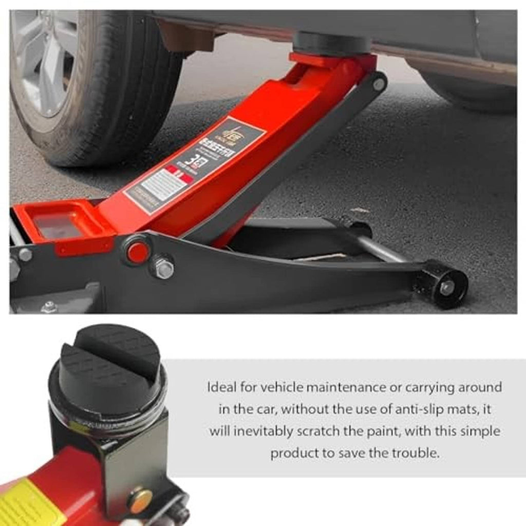 Black rubber jack pad on a red floor jack, with inset close-up of the pad.