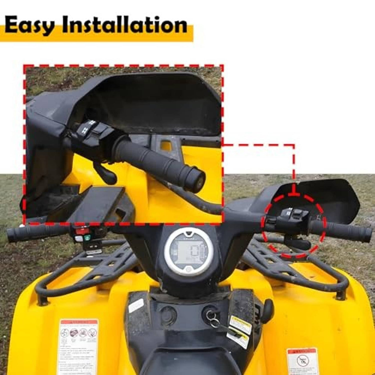 Throttle lever handle assembly installed on ATV handlebar, black switch with gray grip
