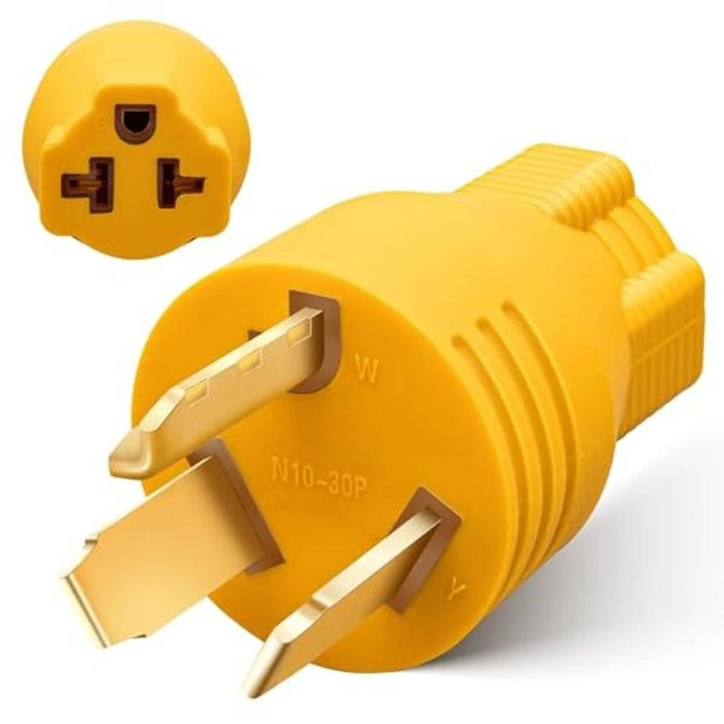 Yellow dryer-style adapter plug showing face with three prongs and molded handle