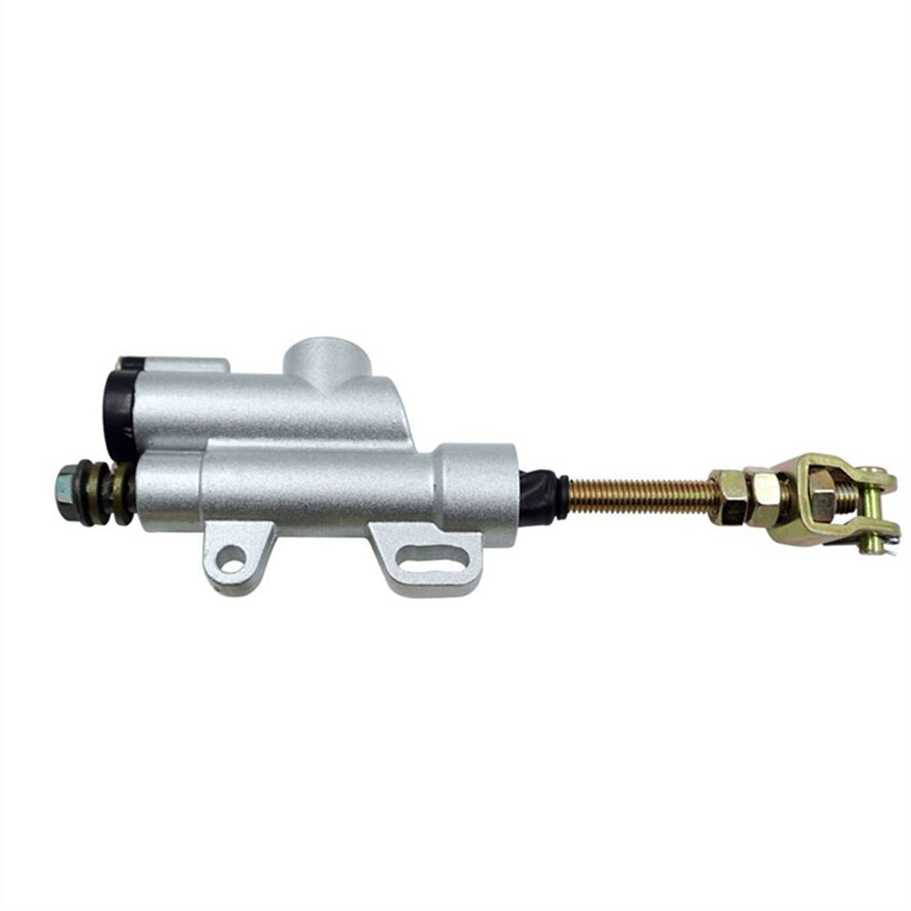 Rear brake master cylinder, silver metal body with hose fitting and mounting bracket