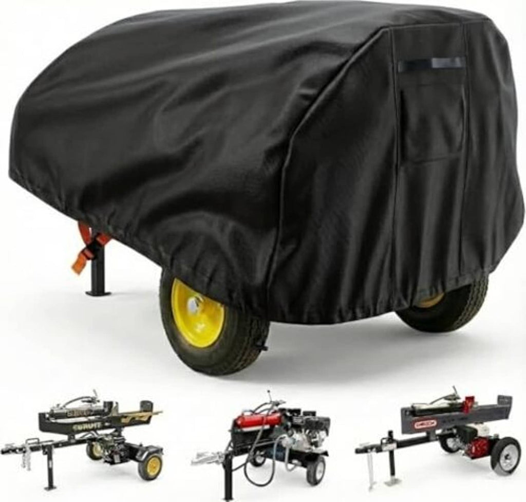 Black log splitter cover with side pocket, draped over the splitter and wheels.